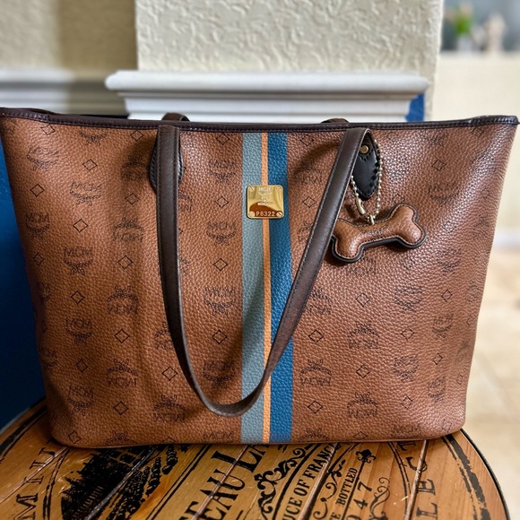 MCM Visetos Dog Bone Striped Shopper Tote Bag Cognac Brown & Blue - Picture 11 of 16